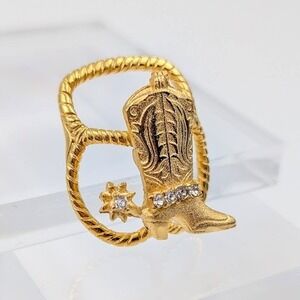 Gold Tone Cowboy Boot Scarf Slide Rhinestone Accents Western Cowgirl Festival